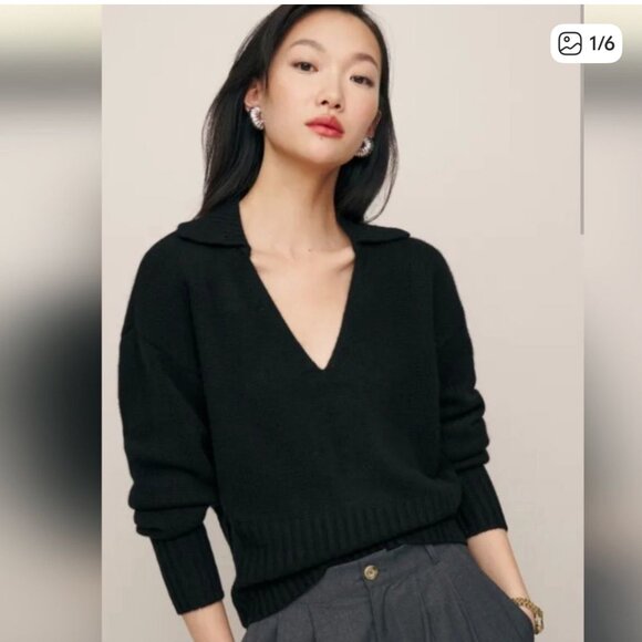 NWT reformation beckie cashmere collared sweater in black - Picture 1 of 4